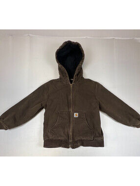 Carhartt Kids Active Jacket Brown Hooded Quilted Lined Size M 10-12 Full Zip